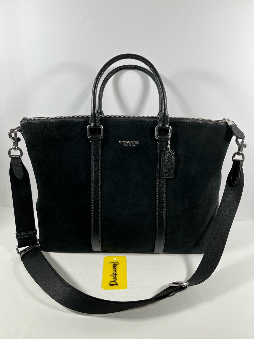 NWT COACH Caleb Work Bag Silver/Black Suede and refined pebble leather $598